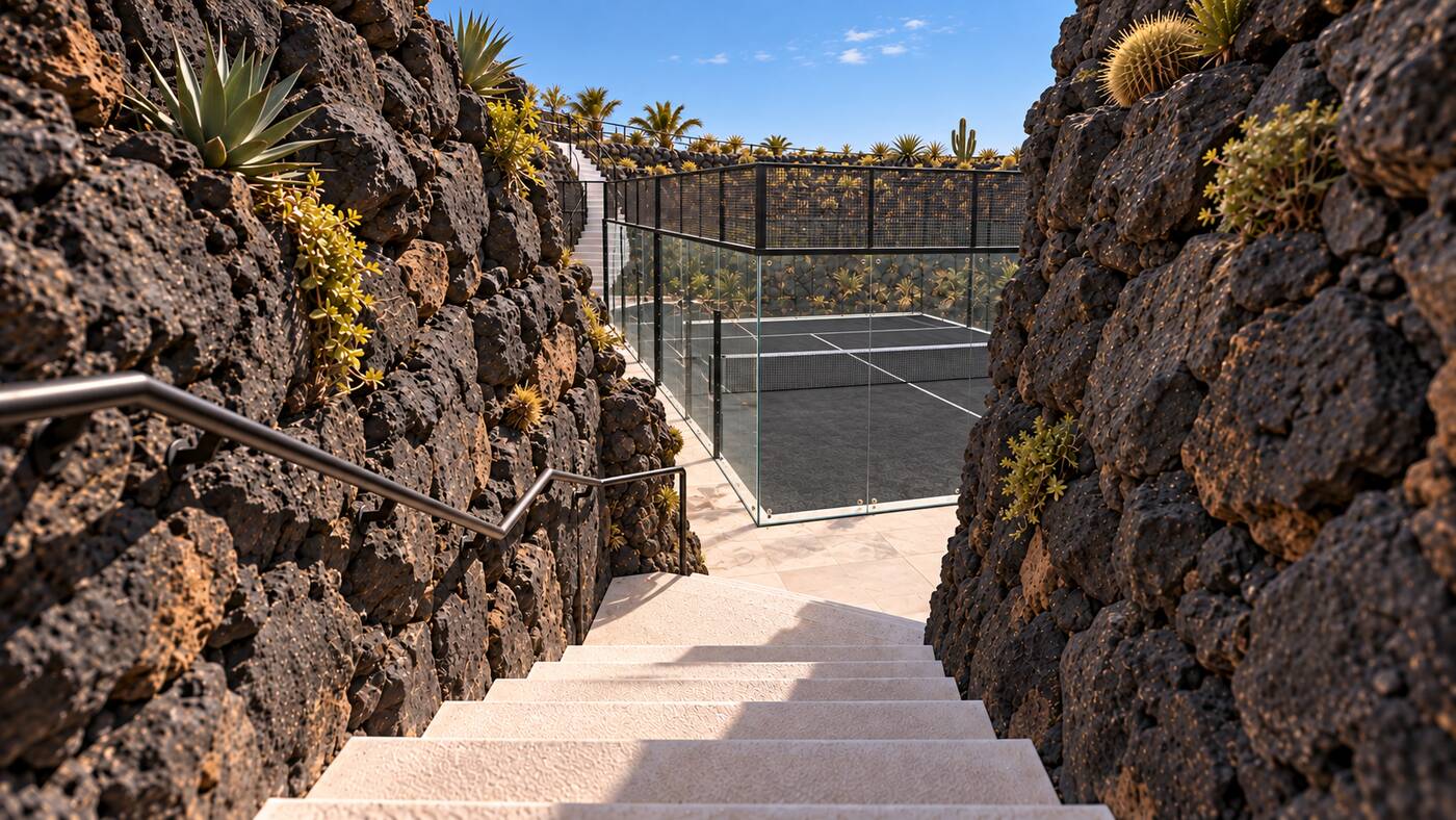 Visualisation of the whitewashed stair descending between lava walls to the sunken court