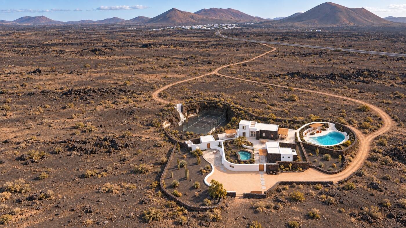 Wide aerial visualisation of the estate alone on a lapilli plateau, the private track running out to the road