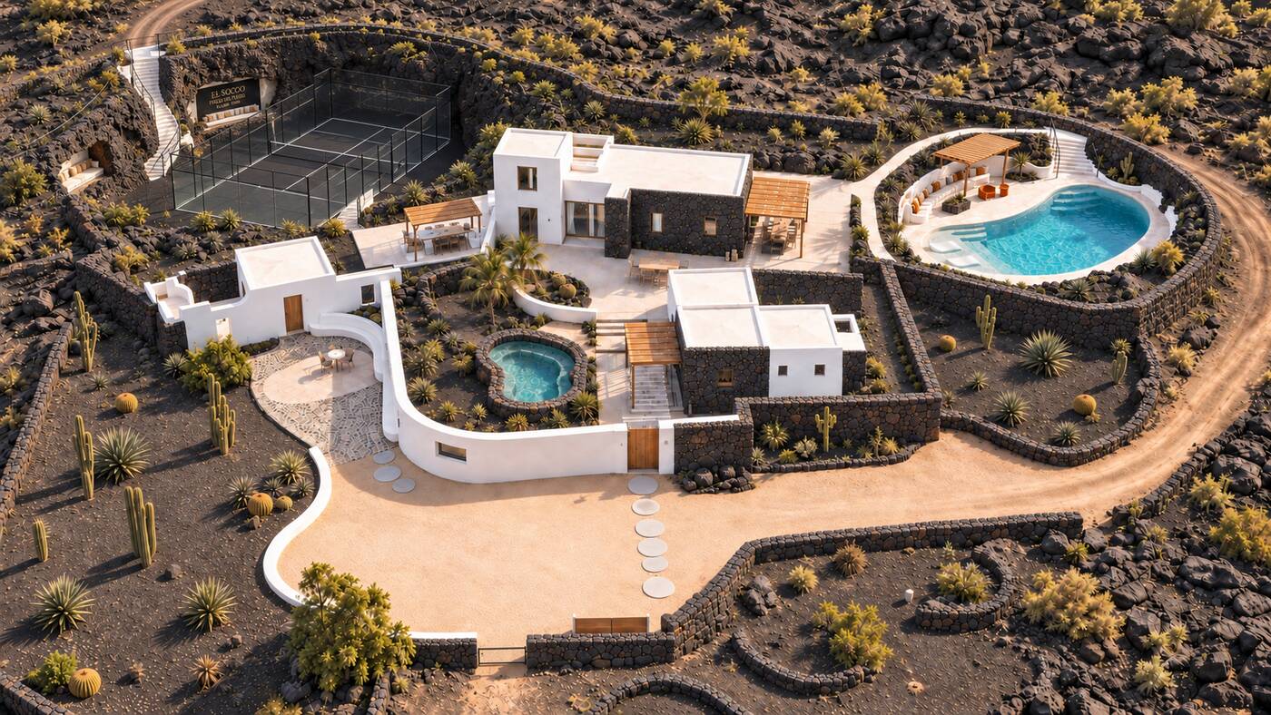 Aerial visualisation of the walled compound, court sunk at the top corner and pool on its own terrace