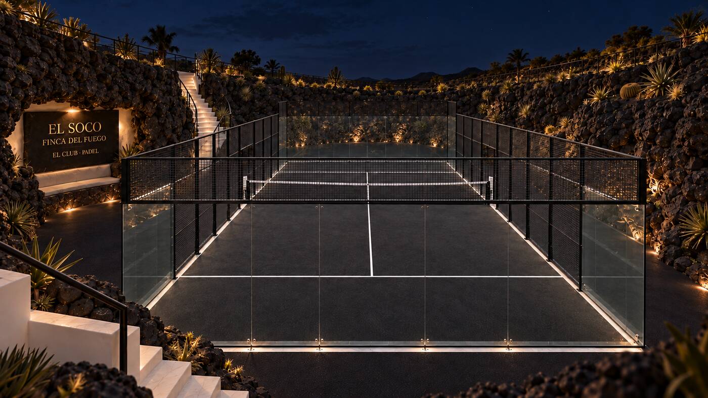 Visualisation of the sunken court lit at night, the wall glowing above it