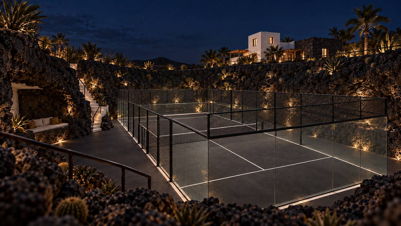 Visualisation of the court at night from above, the house lit behind it