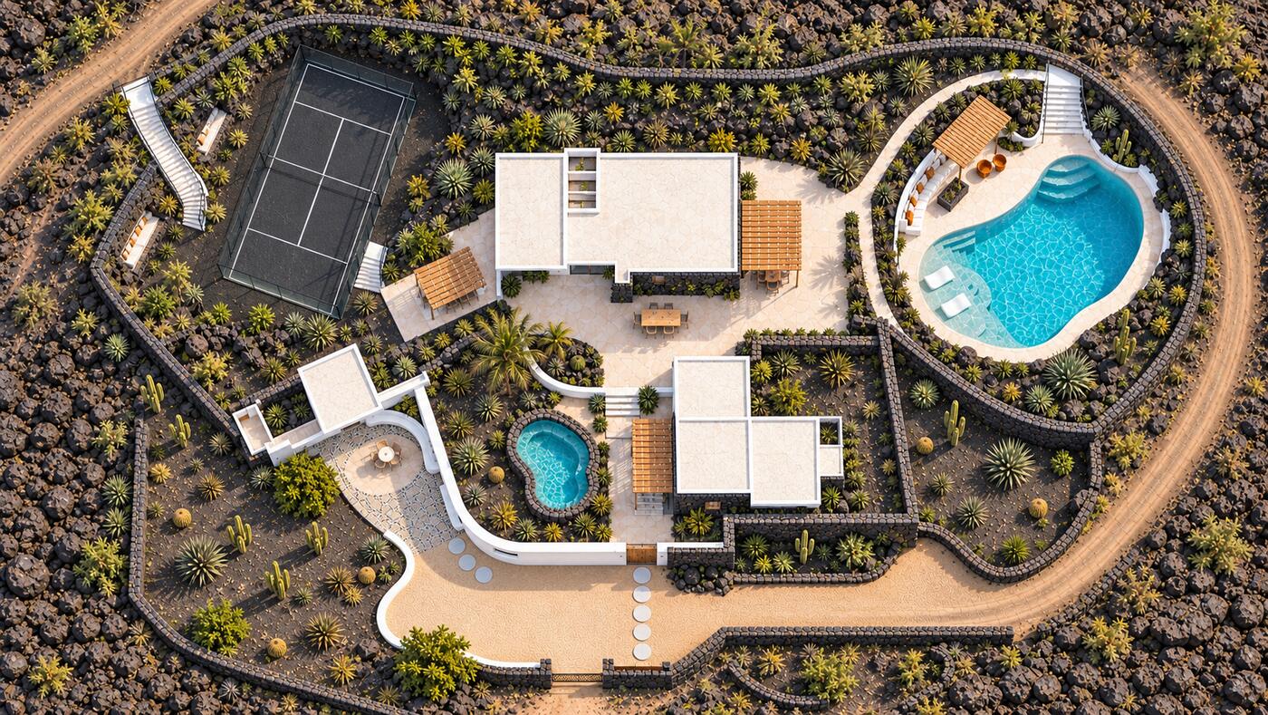 The same plan as a photorealistic overhead visualisation of the finished estate
