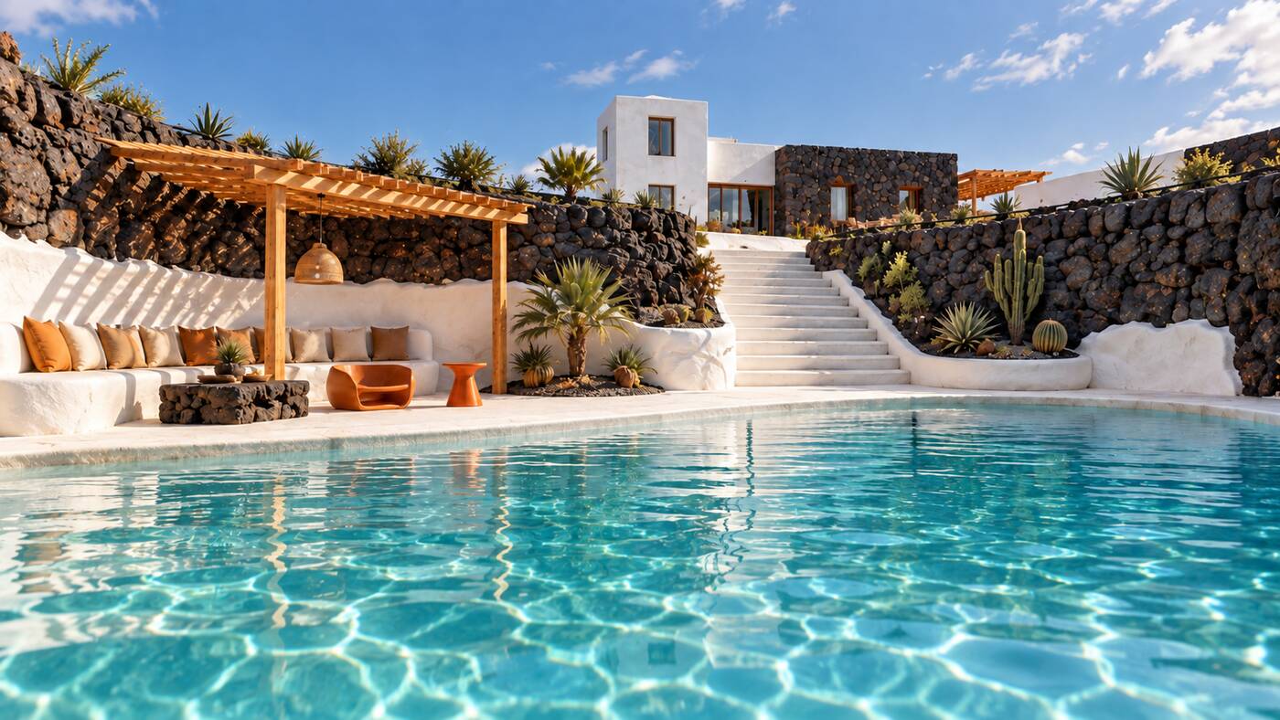 Visualisation of the pool at water level, pergola and lava wall behind