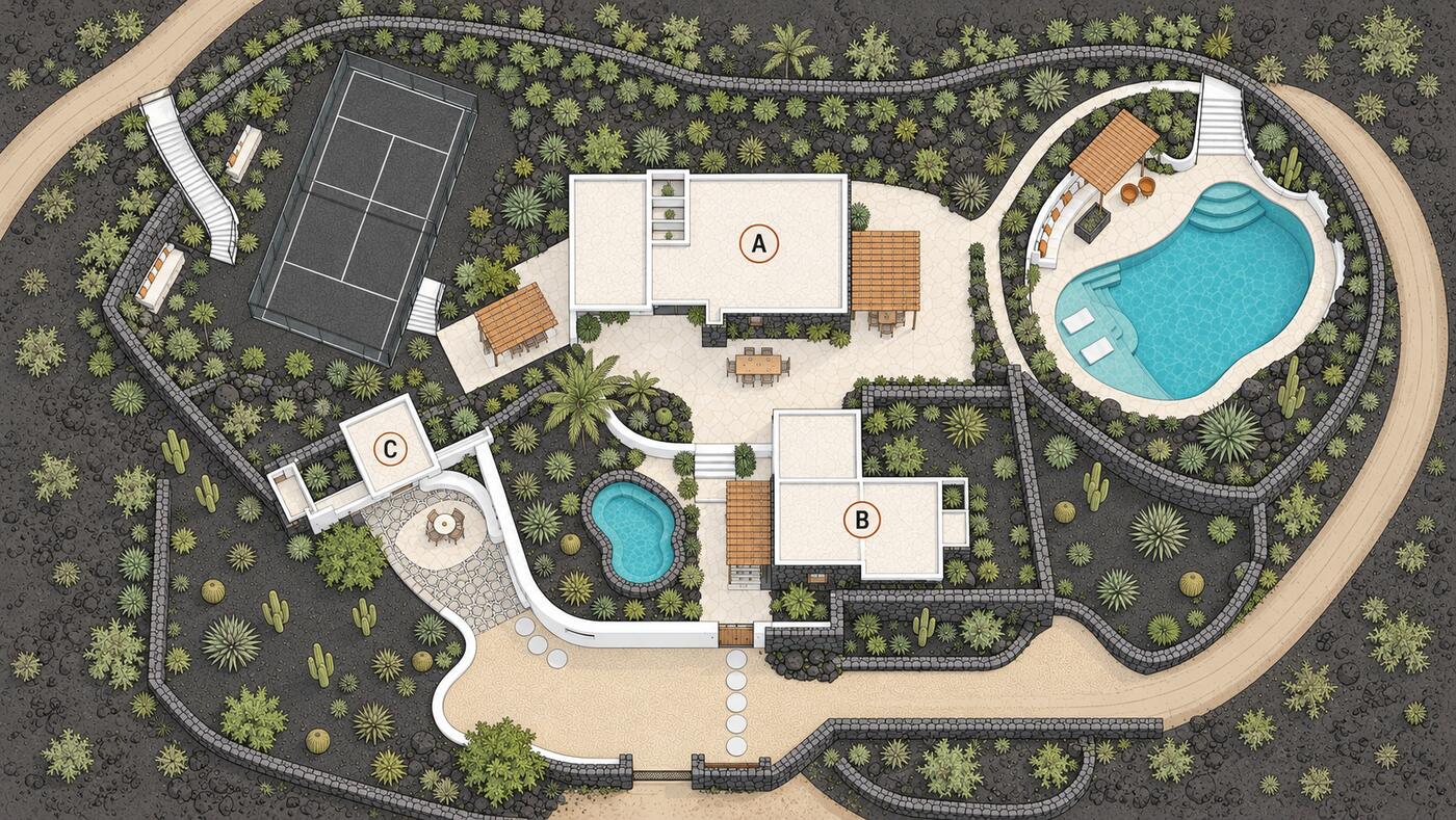 Site plan of Finca del Fuego with the three buildings marked A, B and C