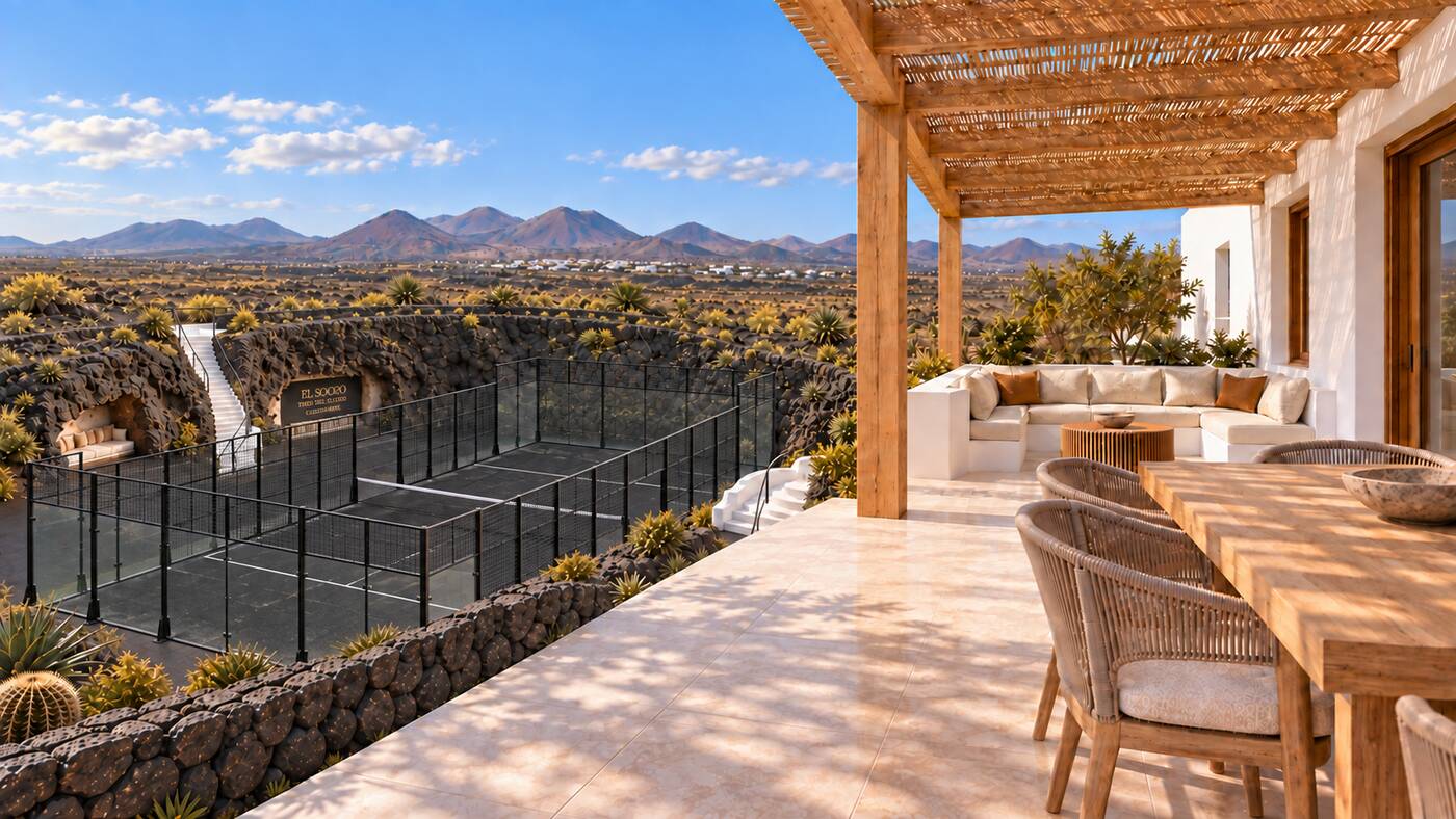 Visualisation of the covered dining terrace with the sunken court below it and the volcanoes beyond