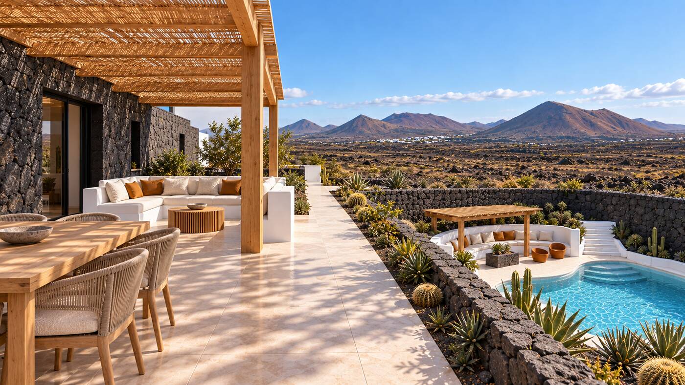 Visualisation of the shaded terrace looking down to the pool