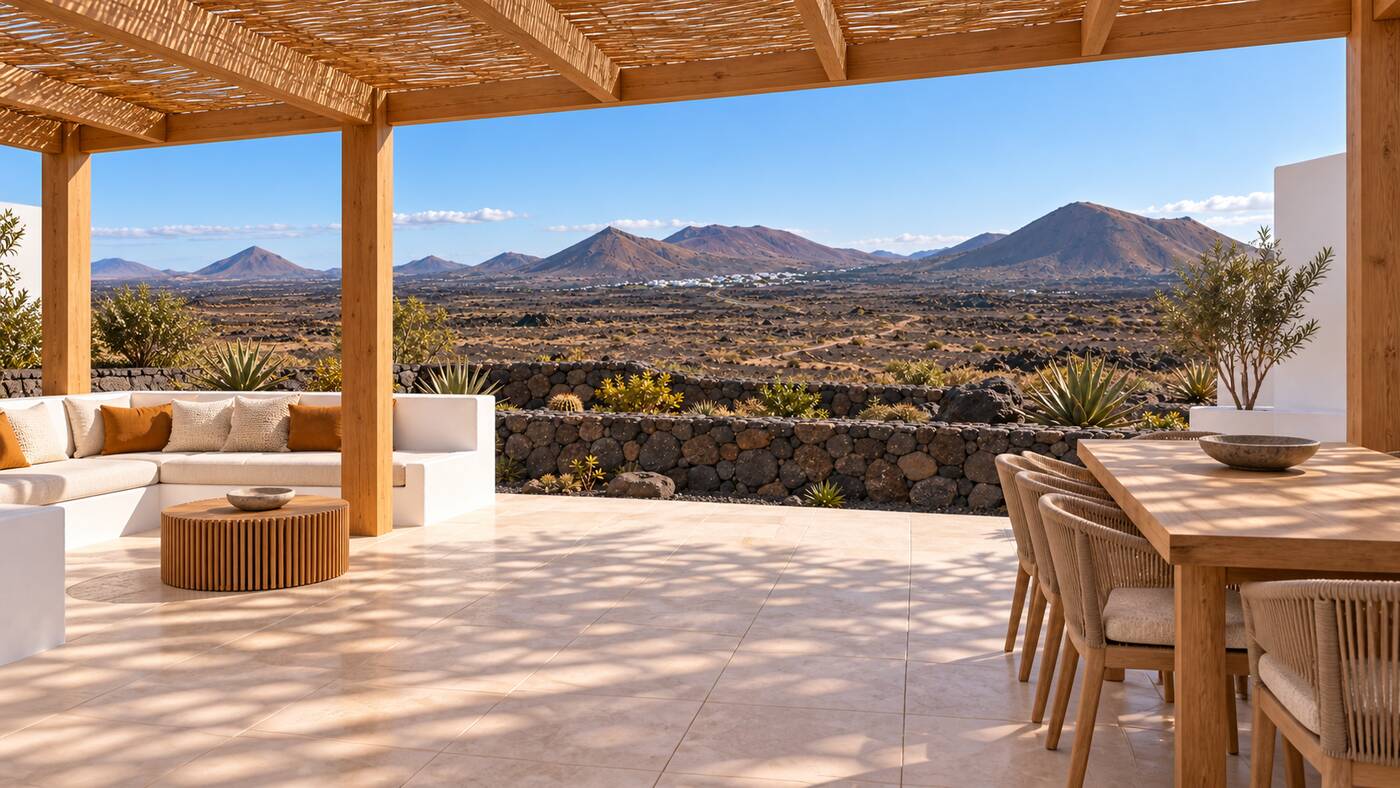 Visualisation of the covered terrace of the main house, looking out over the malpaís to the volcanoes